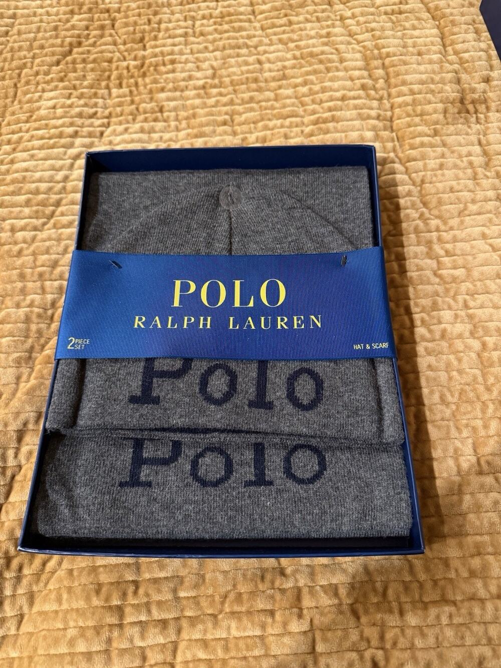 NWT Polo Ralph Lauren Men's 2 Piece Set Hat & Scarf, Gray/Navy Great Gift!